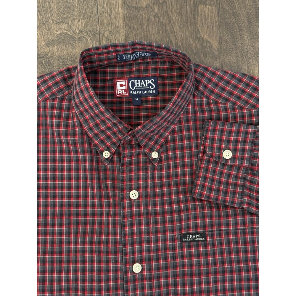 Chaps Ralph Lauren Easy Care Button Up Shirt Mens Size M Red Plaid Long Sleeve